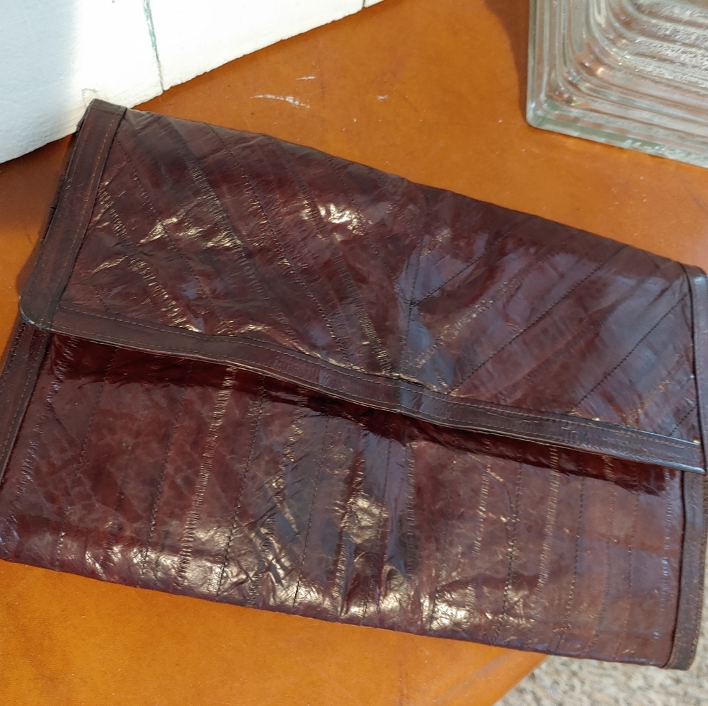 Vintage Brown Eel Skin Slim, Sexy Envelope Clutch